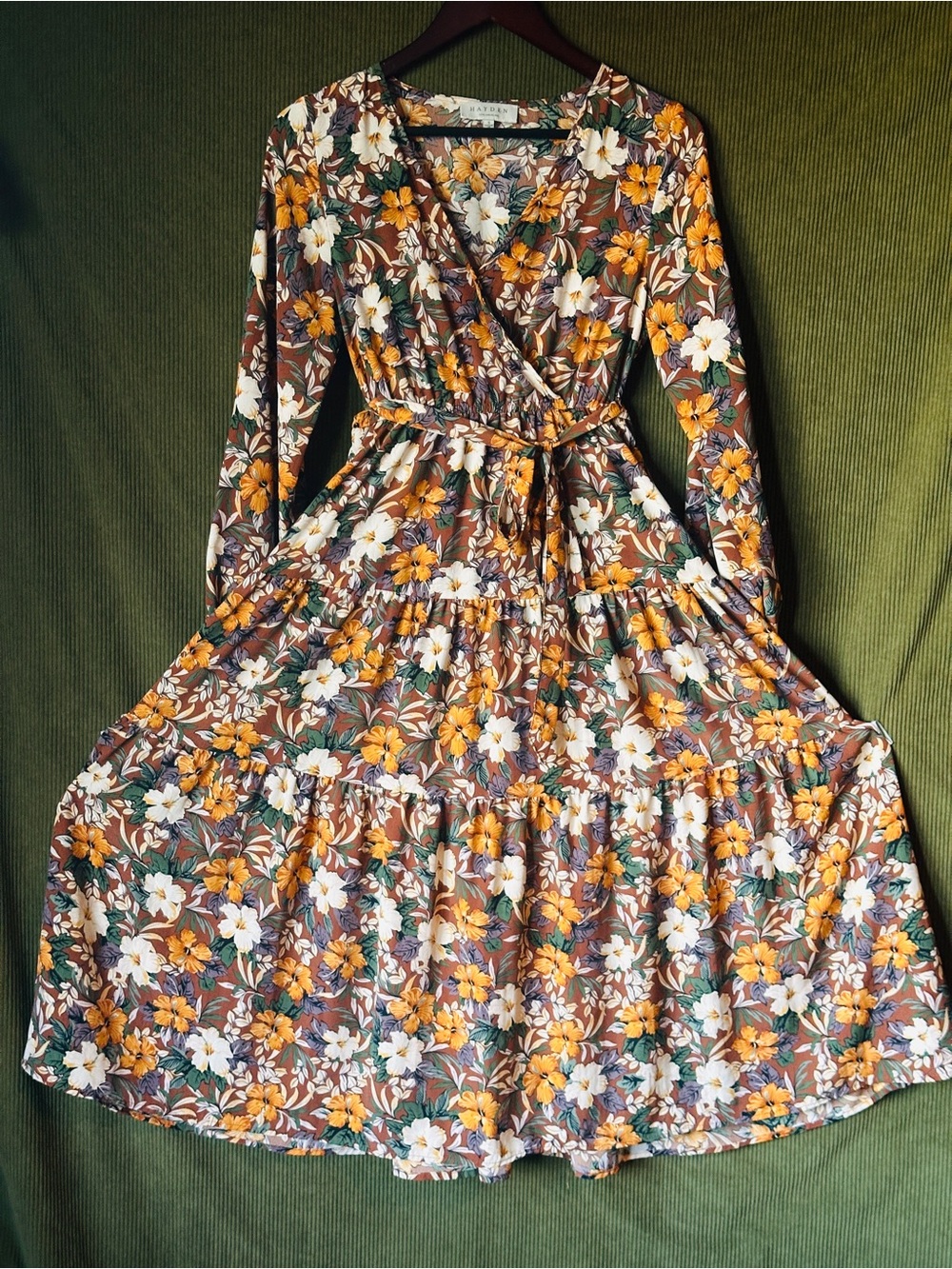 Fall Floral Wrap Maxi Dress in Brown, Mustard & White